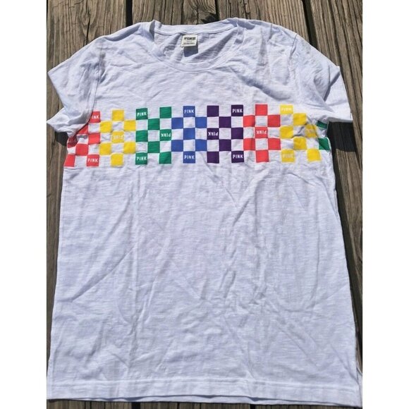 Victoria's Secret PINK |M| Primary Color Rainbow Checker Pride T-Shirt - Picture 1 of 2